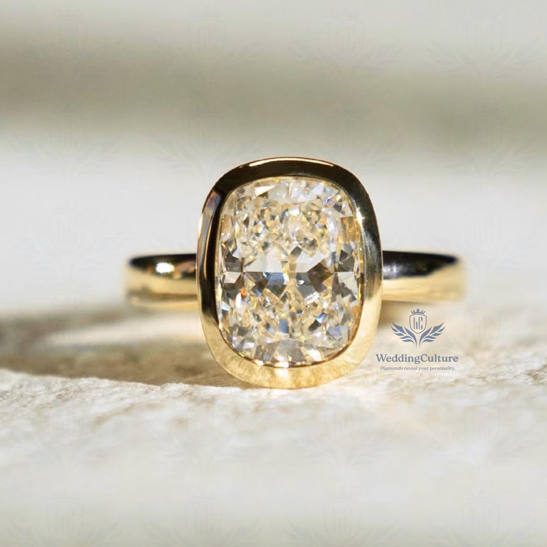2 CT Cushion Cut Moissanite Wedding Engagement Ring Bezel Set Solitaire ...