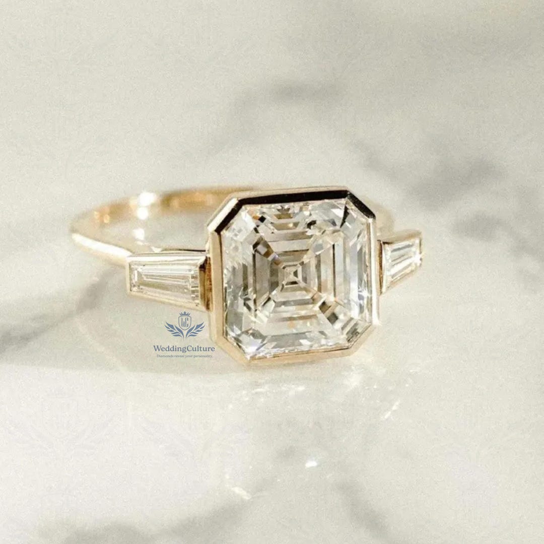 Asscher Cut Moissanite Ring, Bezel Set With Baguette Sides, 14K Gold - Etsy
