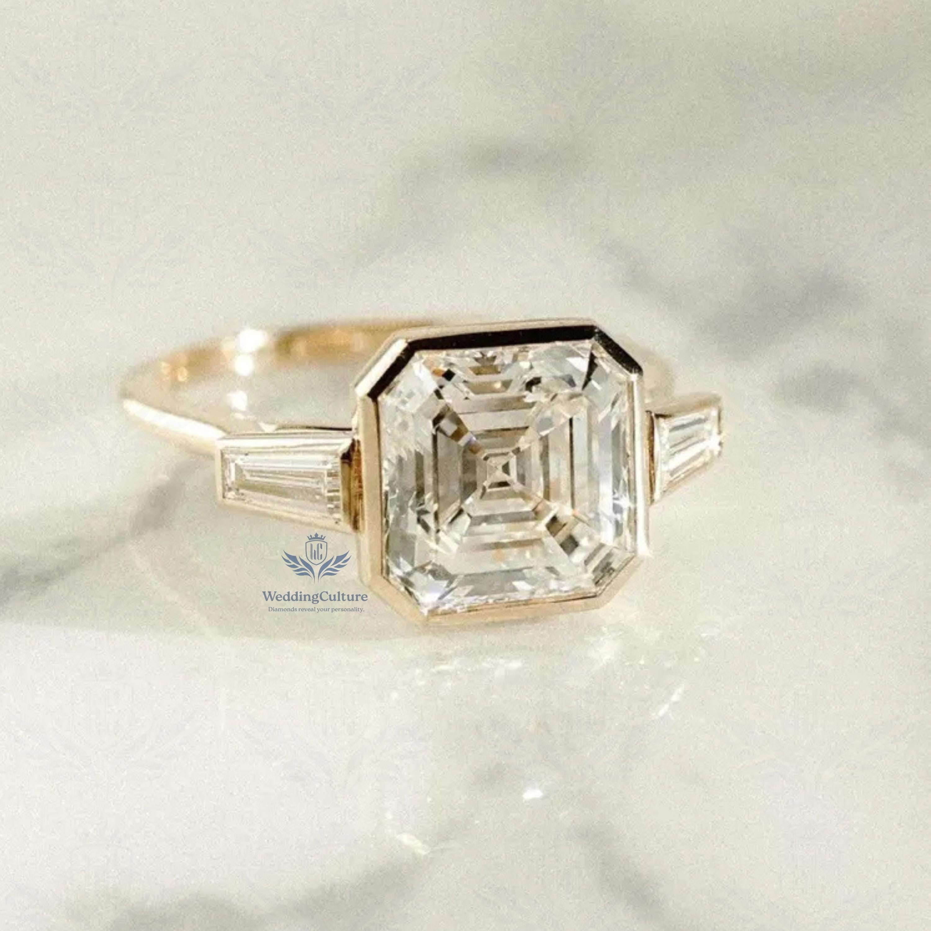 Asscher Cut Moissanite Ring, Bezel Set With Baguette Sides, 14K Gold - Etsy