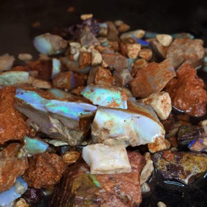 May include: A collection of raw, unpolished opal gemstones featuring iridescent flashes of green and blue light embedded within rough, porous, reddish-brown ironstone matrix rock fragments, displayed in a dense, clustered arrangement.