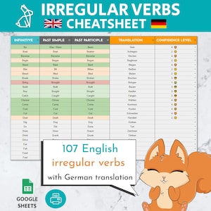 107 English Irregular Verbs Cheatsheet With German Translation | Editable Google Sheets Template | English Grammar Chart | ESL Learning Tool