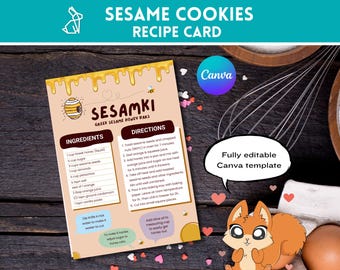 Sesame Cookies Recipe Card Template: Honeycomb Design (Canva Editable, A4 Digital Download)