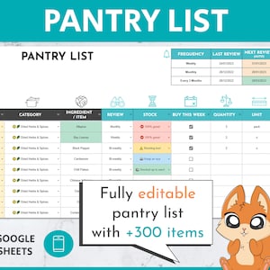 May include: A printable pantry list template in Google Sheets format. The template includes columns for location, category, ingredient, review, stock, buy this week, quantity, unit, and got it. The template is fully editable and includes over 300 items.