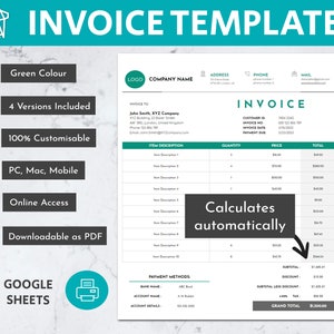 Green Fully Editable Invoice Google Sheets Template | Business Invoice | Order Form | Invoice Generator | Receipt Template | Sales Invoice