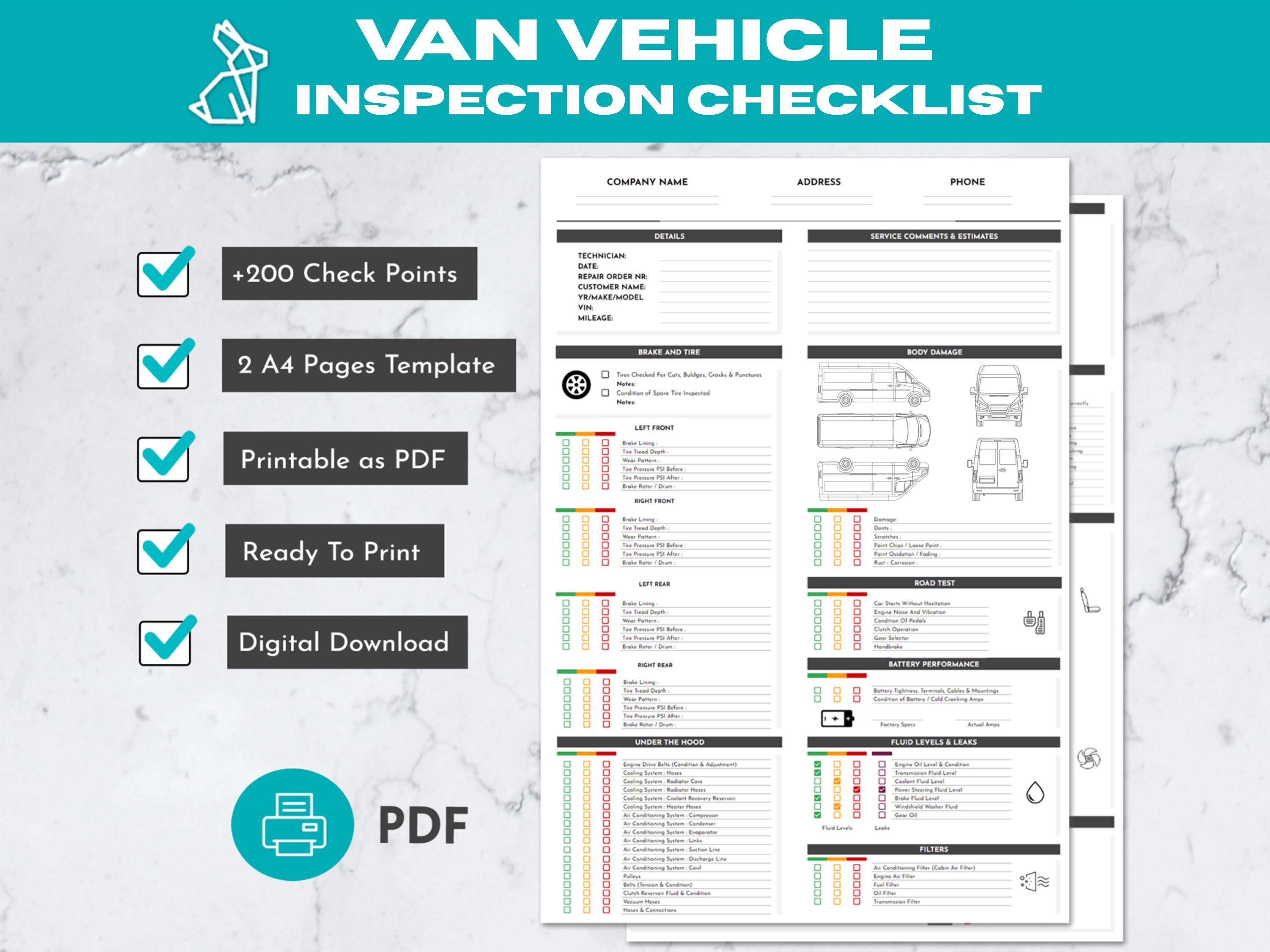 PDF Van Vehicle Inspection Checklist | Auto Repair | Car Safety ...