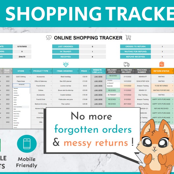 Online Shopping Tracker | Bearbeitbarer & druckbarer Google Sheets Paket-Tracker | Online Order Tracker | Wunschliste | Mail Post Paket Zustellung