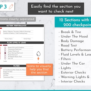 Peut inclure: Un guide visuel avec 12 sections et plus de 200 points de contr&ocirc;le pour une inspection de v&eacute;hicule. Chaque section est repr&eacute;sent&eacute;e par une case color&eacute;e avec des cases &agrave; cocher et des ic&ocirc;nes. Les sections comprennent les performances de la batterie, les niveaux de fluides et les fuites, les filtres, le freinage et les pneus, sous le capot, les dommages corporels, le test routier, les voyants d'avertissement et l'ADAS, les contr&ocirc;les int&eacute;rieurs, les lumi&egrave;res, les contr&ocirc;les ext&eacute;rieurs et sous la voiture.