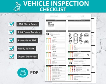 May include: A printable vehicle inspection checklist with over 200 check points. The checklist is two pages long and includes sections for brakes and tires, body damage, road test, battery performance, fluid levels and lights, and filters.