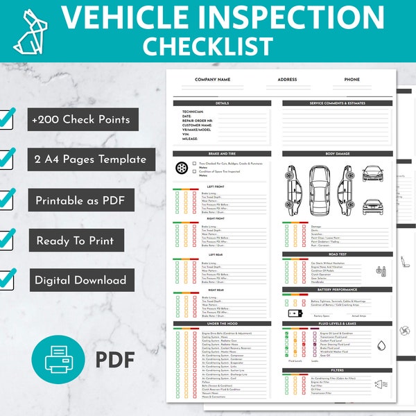 PDF 200+ Point Vehicle Inspection Checklist | Auto Repair | Car Safety | Vehicle Maintenance | Car Repair | Car Inspection | Auto Inspection