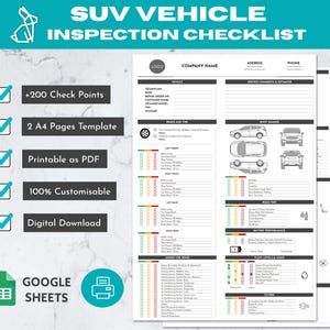 May include: SUV vehicle inspection checklist template with over 200 check points. Features include a 2 A4 pages template, printable as PDF, 100% customisable, and a digital download. The checklist includes sections for brakes, tyres, body change, and fluid levels.