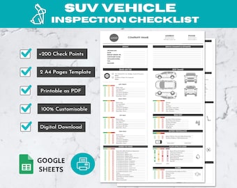 SUV Vehicle Inspection Checklist | Printable & Editable Google Sheets | Car Safety Maintenance Checklist | Auto Repair Car Inspection