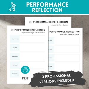 Puede incluir: Tres documentos PDF blancos con el texto "PERFORMANCE REFLECTION" y indicaciones para la autorreflexión. Los documentos están sobre un fondo gris con un encabezado turquesa que dice "PERFORMANCE REFLECTION". Los documentos incluyen el texto "3 VERSIONES PROFESIONALES INCLUIDAS".