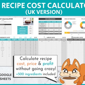 UK Recipe Cost, Price & Profit Calculator Google Sheets Template | Cost Calculator | Price Calculator | Profit Calculator | Pricing Template
