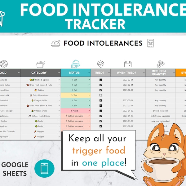 Food Intolerance Tracker Google Sheet Template | Food Allergy Tracker | Food And Symptom Tracker | Food Sensitivity Tracker | Food Triggers