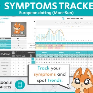 May include: A printable symptoms tracker for tracking daily symptoms and spotting trends. The tracker includes a quote of the day, a section for rating the month, a symptom category list, and a daily symptom log. The tracker is designed for use with Google Sheets.