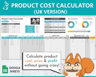 May include: A Google Sheets spreadsheet template for calculating product costs, prices, and profits. The template includes sections for materials, labor, delivery, and a cost breakdown. The spreadsheet is designed for use in the United Kingdom.