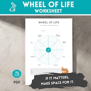 May include: A white Wheel of Life worksheet with a teal and white design. The worksheet includes sections for various life areas and the text "If it matters, make space for it." A PDF icon is in the lower left corner.