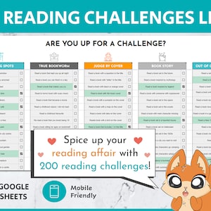 Puede incluir: Una lista de desafíos de lectura imprimible con 200 desafíos diferentes. La lista se divide en cinco categorías: Lugares de lectura, Verdadero gusano de libros, Juzgar por la portada, Historia del libro y Fuera de la zona de confort. Cada categoría tiene una lista de desafíos para completar, como leer un libro que te mantenga despierto toda la noche, leer un libro con una pregunta en el título o leer un libro ambientado en una casa encantada. La lista está diseñada para animar a la gente a leer más y explorar diferentes géneros de libros.