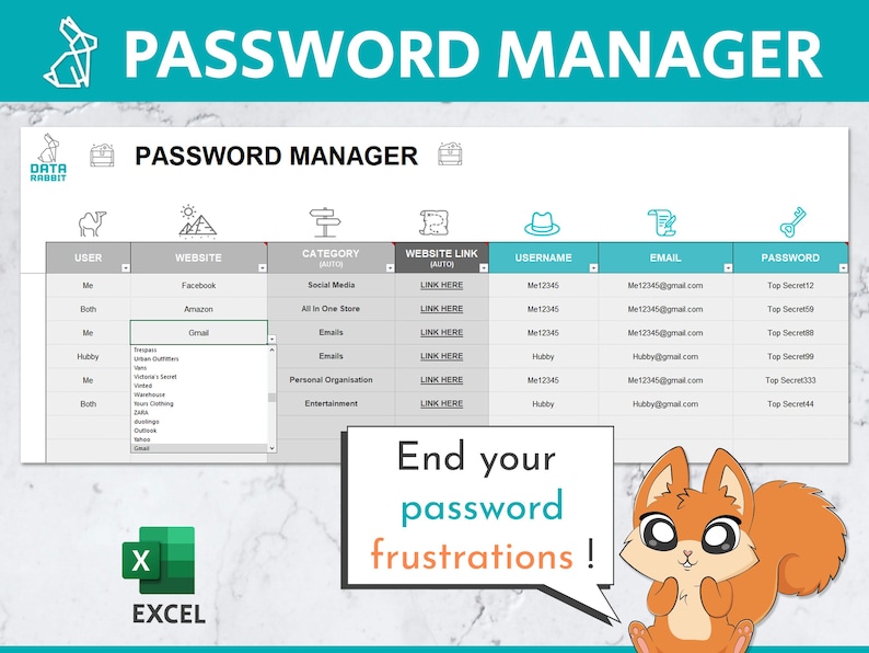 Password Manager Excel Template: Login Tracker (digital Download) - Etsy