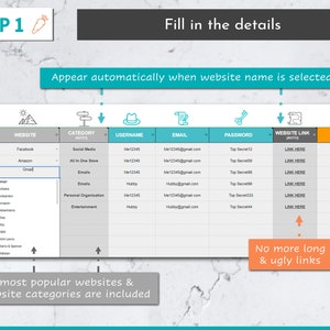 May include: A table with a list of popular websites and their categories. The table includes columns for user, website, category, username, email, password, website link, and notes. The table is designed to help users organize their online accounts and passwords.