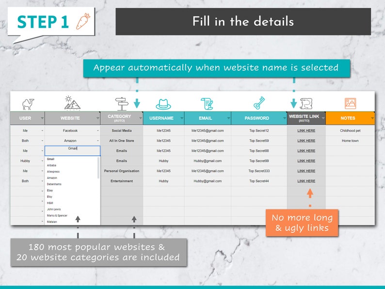 May include: A table with a list of popular websites and their categories. The table includes columns for user, website, category, username, email, password, website link, and notes. The table is designed to help users organize their online accounts and passwords.