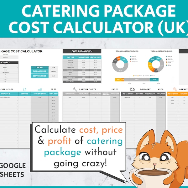 Catering Package Cost, Price & Profit Calculator U.K Version | Google Sheets Template | Catering Cost | Catering Price | Catering Menu