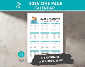 2025 Calendar Printable: Tea-rific Squirrel, One Page Office Decor (PDF Download)