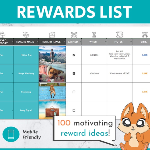 Reward List Google Sheet Template | Reward Ideas | Reward Chart | Goal Rewards | Award | Prize | Motivation | Habits | Achievement