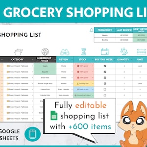 Grocery Shopping List Template | Digital & Editable Google Sheets Master Grocery List | Reusable Grocery List | Kitchen Organisation