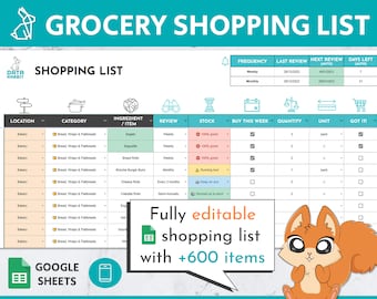 Grocery Shopping List Template | Digital & Editable Google Sheets Master Grocery List | Reusable Grocery List | Kitchen Organisation