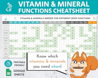 Vitamin and Mineral Functions Cheat Sheet | Deficiency Symptoms | Google Sheets