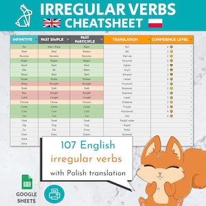 107 English Irregular Verbs Cheatsheet with Polish Translation | Editable Google Sheets Template | English Grammar Chart | ESL Learning Tool