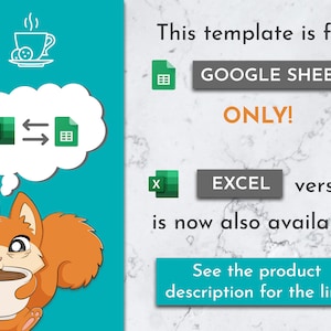 May include: A cartoon squirrel holding a cup of coffee with a thought bubble above its head. The thought bubble contains a green spreadsheet icon with an arrow pointing to another green spreadsheet icon. The text below the image reads "This template is for GOOGLE SHEETS ONLY! EXCEL version is now also available. See the product description for the link."