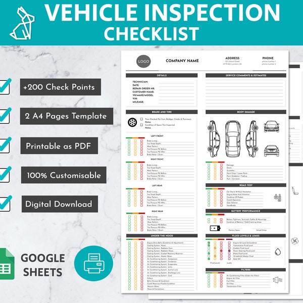 200+ Point Vehicle Inspection Checklist | Printable & Editable Google Sheets | Car Safety Maintenance Checklist | Auto Repair Car Inspection