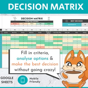 意思決定マトリックス Google スプレッドシート テンプレート | 意思決定者 | 意思決定ツール | 人生の選択 | ビジネス上の決定 | 長所と短所 | 比較