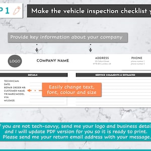 Peut inclure: Un mod&egrave;le de liste de contr&ocirc;le d'inspection de v&eacute;hicule personnalisable avec un logo, un nom d'entreprise, une adresse, un num&eacute;ro de t&eacute;l&eacute;phone, une section de d&eacute;tails, une section de commentaires et d'estimations de service, et du texte qui dit "Changer facilement le texte, la police, la couleur et la taille".