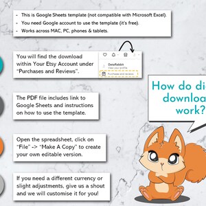 May include: A cartoon squirrel with a speech bubble that says "How do digital downloads work?"  The squirrel is orange and has a white belly. The speech bubble is light blue with a white outline. The image also includes instructions on how to download and use a Google Sheets template.