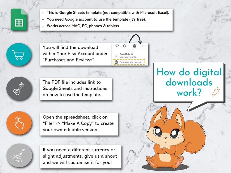May include: A cartoon squirrel with a speech bubble that says "How do digital downloads work?"  The squirrel is orange and has a white belly. The speech bubble is light blue with a white outline. The image also includes instructions on how to download and use a Google Sheets template.