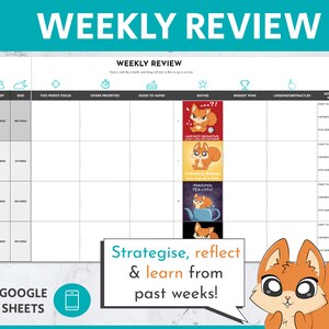 Könnte beinhalten: Ein wöchentlicher Überprüfungsplaner mit einem farbenfrohen Design, das ein Cartoon-Eichhörnchen zeigt. Der Planer enthält Abschnitte für Start- und Enddaten, den Fokus dieser Woche, andere Prioritäten, Dinge, die man haben sollte, Bewertung, größter Gewinn, Lektionen oder Hindernisse und wie man den nächsten Monat besser machen kann. Der Planer soll Ihnen helfen, Strategien zu entwickeln, zu reflektieren und aus vergangenen Wochen zu lernen.