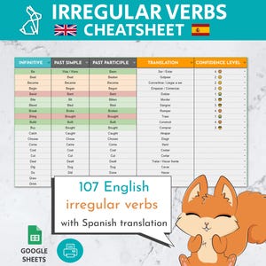 107 English Irregular Verbs Cheatsheet - Spanish Translation | Editable Google Sheets Template | English Grammar Chart | ESL Learning Tool