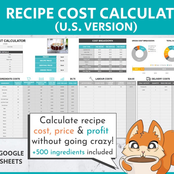 U.S. Recipe Cost, Price & Profit Calculator Google Sheets Template | Cost Calculator | Price Calculator | Profit Calculator