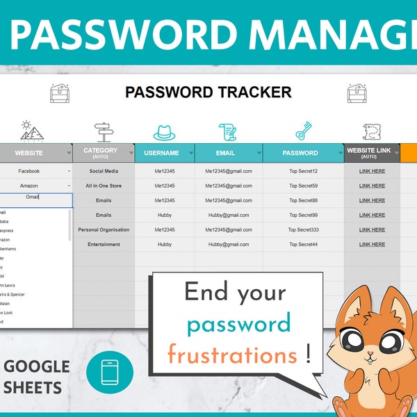 Password Manager Google Sheets Template | Password Log | Login Tracker | Password | Password List | Password Sheet | Account Tracker
