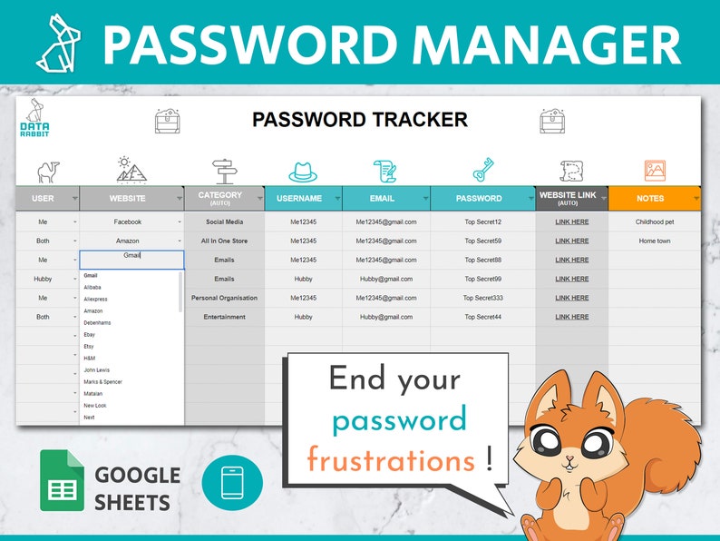 Password manager google sheets template password log login tracker