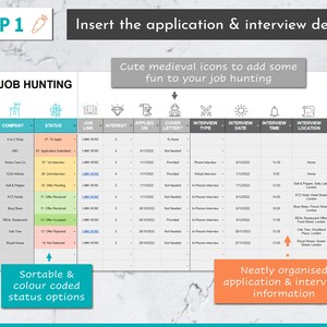 May include: A colorful chart with medieval icons for job hunting. The chart includes columns for job title, company, status, job link, interest, applied on, cover letter, interview type, interview date, interview time, interview location, and job email chain.