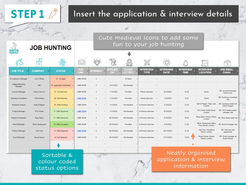 May include: A colorful chart with medieval icons for job hunting. The chart includes columns for job title, company, status, job link, interest, applied on, cover letter, interview type, interview date, interview time, interview location, and job email chain.