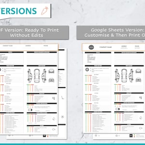 Peut inclure: Deux versions d'une liste de contr&ocirc;le de service automobile imprimable. Le c&ocirc;t&eacute; gauche est une version PDF pr&ecirc;te &agrave; imprimer sans modifications. Le c&ocirc;t&eacute; droit est une version Google Sheets qui peut &ecirc;tre personnalis&eacute;e puis imprim&eacute;e. La liste de contr&ocirc;le comprend des sections pour les d&eacute;tails, les commentaires et les estimations de service, les freins et les pneus, les dommages corporels, sous le capot, les fluides et les lumi&egrave;res, et une inspection finale.