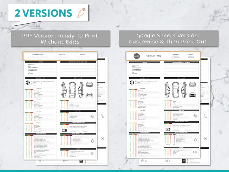 Peut inclure: Deux versions d'une liste de contr&ocirc;le de service automobile imprimable. Le c&ocirc;t&eacute; gauche est une version PDF pr&ecirc;te &agrave; imprimer sans modifications. Le c&ocirc;t&eacute; droit est une version Google Sheets qui peut &ecirc;tre personnalis&eacute;e puis imprim&eacute;e. La liste de contr&ocirc;le comprend des sections pour les d&eacute;tails, les commentaires et les estimations de service, les freins et les pneus, les dommages corporels, sous le capot, les fluides et les lumi&egrave;res, et une inspection finale.
