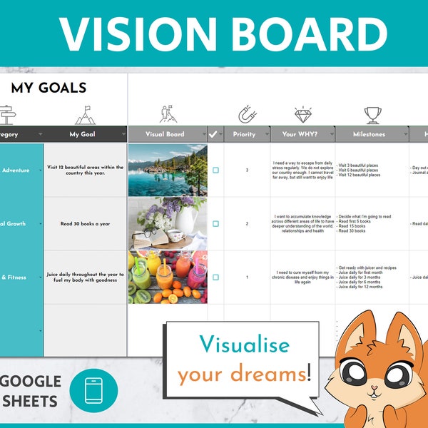 Modèle de feuilles Google de tableau de vision | Tableau des buts | Tableau des rêves | Tableau de motivation | Planificateur d'objectifs | Suivi des objectifs | Établissement d'objectifs | Objectifs SMART