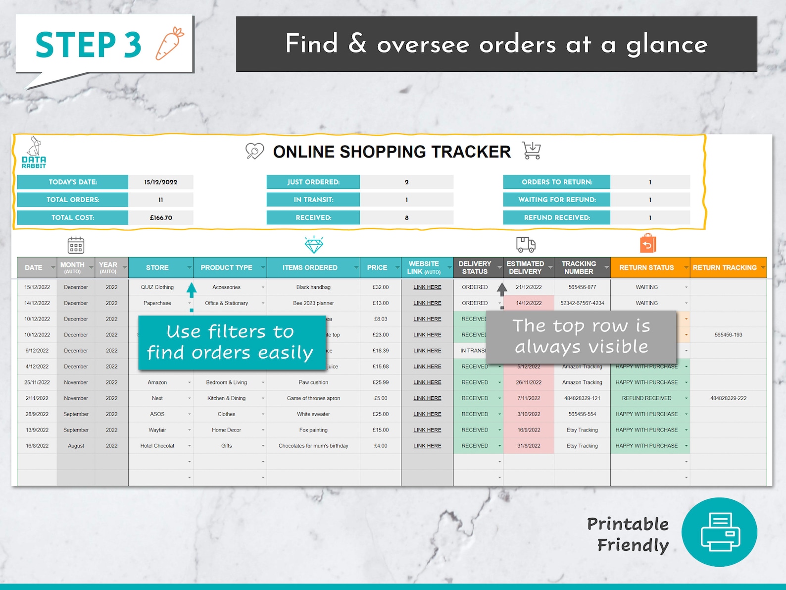Example Retail Delivery Tracker Online Shopping Tracker | Editable & Printable Google Sheets Parcel ...