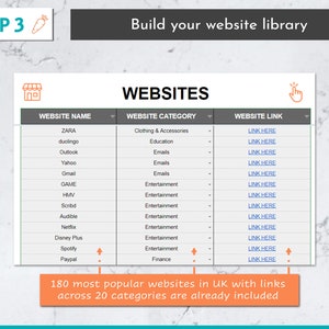 May include: A table with a list of popular websites in the United Kingdom, categorized by website category and website link. The table includes websites like Zara, duolingo, Outlook, Yahoo, Gmail, GAME, HMV, Scribd, Audible, Netflix, Disney Plus, Spotify, and Paypal. The text at the bottom of the table reads "180 most popular websites in UK with links across 20 categories are already included."